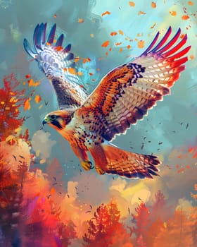 A vibrant painting capturing an eagle soaring through azure skies, resembling an underwater ecosystem with flashes of orange fish and electric blue marine organisms