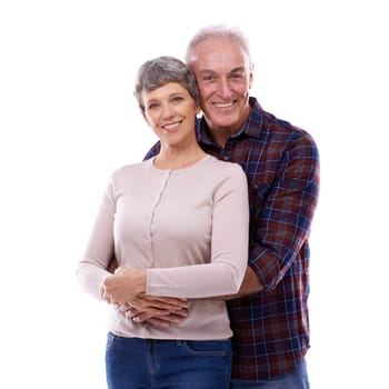 Portrait, hug and mature couple on a white background for bonding, affection and loving relationship. Marriage, happy and senior man and woman embrace for commitment, love and care in studio together.