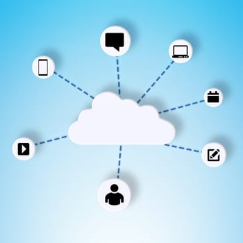 Cloud computing, abstract and graphic in studio for connection isolated on a blue background. Networking, icons and data on internet for information, online or communication with illustration pattern.