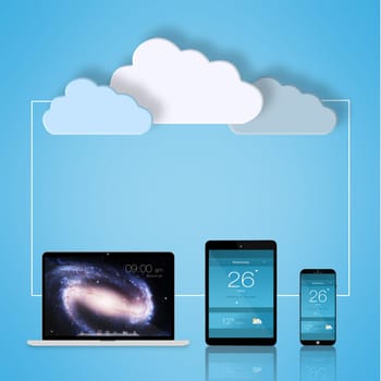 Devices, cloud computing and network for connection with gadgets for data storage or database and software update. Wallpaper, technology and communication with internet for virtual or digital