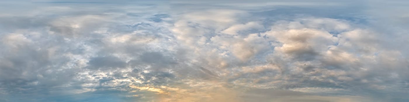 Sky panorama with Stratocumulus clouds in Seamless spherical equirectangular format as full zenith for use in 3D graphics, game and composites in aerial drone 360 degree panoramas for sky replacement