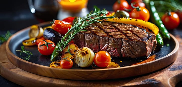 Grilled beef, dinner, vegetables. Succulent grilled beef surrounded by colorful roasted vegetables displayed on a rustic wooden board