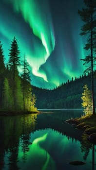 Aurora borealis, northern lights over lake and forest. Nature background and wallpaper.Vertical image.Under the Northern Lights: Enchanting Forest and Lake Scenery in Nature's Embrace