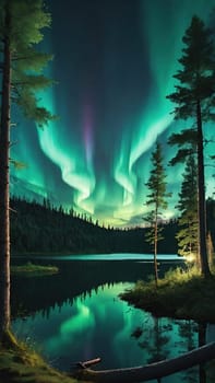 Aurora borealis, northern lights over lake and forest. Nature background and wallpaper.Vertical image.Under the Northern Lights: Enchanting Forest and Lake Scenery in Nature's Embrace