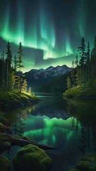 Aurora borealis, northern lights over lake and forest. Nature background and wallpaper.Vertical image.Under the Northern Lights: Enchanting Forest and Lake Scenery in Nature's Embrace