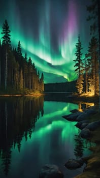 Aurora borealis, northern lights over lake and forest. Nature background and wallpaper.Vertical image.Under the Northern Lights: Enchanting Forest and Lake Scenery in Nature's Embrace