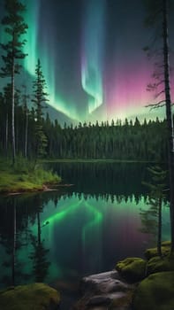 Aurora borealis, northern lights over lake and forest. Nature background and wallpaper.Vertical image.Under the Northern Lights: Enchanting Forest and Lake Scenery in Nature's Embrace