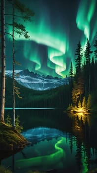 Aurora borealis, northern lights over lake and forest. Nature background and wallpaper.Vertical image.Under the Northern Lights: Enchanting Forest and Lake Scenery in Nature's Embrace