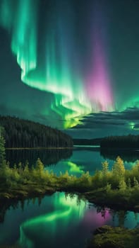 Aurora borealis, northern lights over lake and forest. Nature background and wallpaper.Vertical image.Under the Northern Lights: Enchanting Forest and Lake Scenery in Nature's Embrace