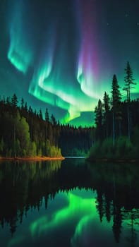 Aurora borealis, northern lights over lake and forest. Nature background and wallpaper.Vertical image.Under the Northern Lights: Enchanting Forest and Lake Scenery in Nature's Embrace