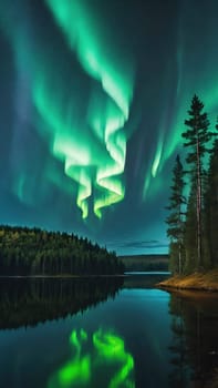 Aurora borealis, northern lights over lake and forest. Nature background and wallpaper.Vertical image.Under the Northern Lights: Enchanting Forest and Lake Scenery in Nature's Embrace