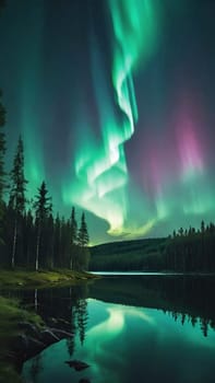 Aurora borealis, northern lights over lake and forest. Nature background and wallpaper.Vertical image.Under the Northern Lights: Enchanting Forest and Lake Scenery in Nature's Embrace