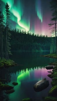 Aurora borealis, northern lights over lake and forest. Nature background and wallpaper.Vertical image.Under the Northern Lights: Enchanting Forest and Lake Scenery in Nature's Embrace