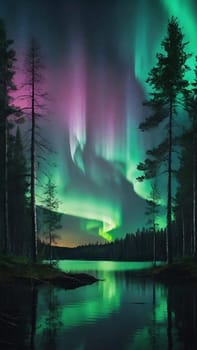 Aurora borealis, northern lights over lake and forest. Nature background and wallpaper.Vertical image.Under the Northern Lights: Enchanting Forest and Lake Scenery in Nature's Embrace