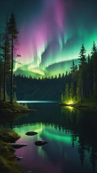 Aurora borealis, northern lights over lake and forest. Nature background and wallpaper.Vertical image.Under the Northern Lights: Enchanting Forest and Lake Scenery in Nature's Embrace