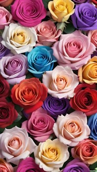 Multicolored roses as a background, top view, close up.Multi-colored roses in a floral arrangement as a background.Bouquet of colorful roses close-up. Floral background.