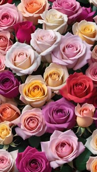 Multicolored roses as a background, top view, close up.Multi-colored roses in a floral arrangement as a background.Bouquet of colorful roses close-up. Floral background.