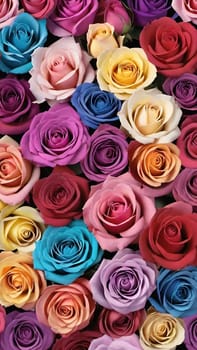 Multicolored roses as a background, top view, close up.Multi-colored roses in a floral arrangement as a background.Bouquet of colorful roses close-up. Floral background.