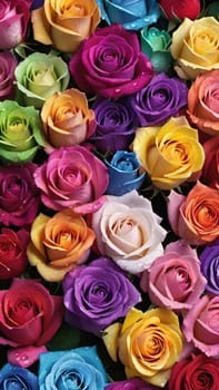 Multicolored roses as a background, top view, close up.Multi-colored roses in a floral arrangement as a background.Bouquet of colorful roses close-up. Floral background.