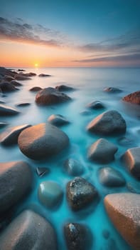 Beautiful seascape at sunset. Composition of nature.Beautiful sunset over the sea. Colorful summer landscape. Long exposure.Beautiful seascape with pebbles on the beach at sunset.