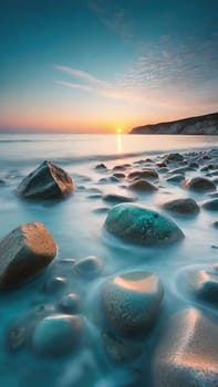 Beautiful seascape at sunset. Composition of nature.Beautiful sunset over the sea. Colorful summer landscape. Long exposure.Beautiful seascape with pebbles on the beach at sunset.