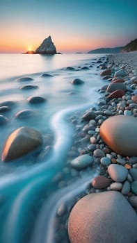 Beautiful seascape at sunset. Composition of nature.Beautiful sunset over the sea. Colorful summer landscape. Long exposure.Beautiful seascape with pebbles on the beach at sunset.