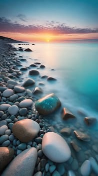 Beautiful seascape at sunset. Composition of nature.Beautiful sunset over the sea. Colorful summer landscape. Long exposure.Beautiful seascape with pebbles on the beach at sunset.