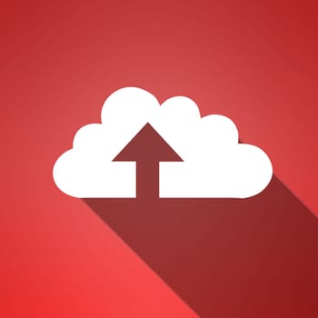 Cloud computing, graphic and arrow with upload icon for data, information technology and art on red background. Networking, remote storage and futuristic it for digital expansion with connectivity.