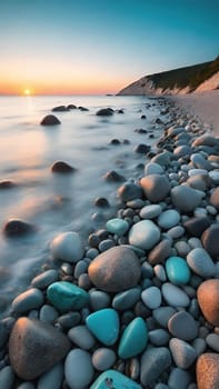 Beautiful seascape at sunset. Composition of nature.Beautiful sunset over the sea. Colorful summer landscape. Long exposure.Beautiful seascape with pebbles on the beach at sunset.