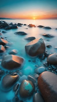 Beautiful seascape at sunset. Composition of nature.Beautiful sunset over the sea. Colorful summer landscape. Long exposure.Beautiful seascape with pebbles on the beach at sunset.