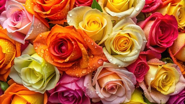 Multicolored roses as a background, top view, close up.Multi-colored roses in a floral arrangement as a background.Bouquet of colorful roses close-up. Floral background.