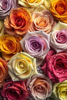 Multicolored roses as a background, top view, close up.Multi-colored roses in a floral arrangement as a background.Bouquet of colorful roses close-up. Floral background.