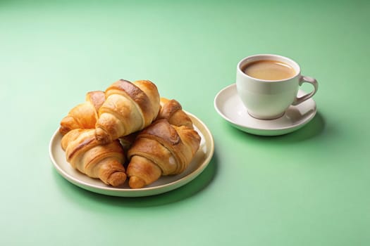 Croissants isolated on plate on pastel colors wooden background with hot coffee drink.Cup of coffee and croissants on background.Freshly baked croissants and cup of coffee.French breakfast.Breakfast concept.