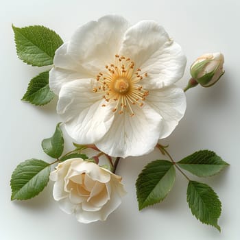 A member of the Rose family, this flowering plant features a white blossom with a vibrant yellow center surrounded by green leaves on a delicate twig