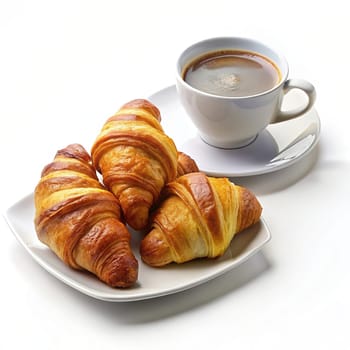 Croissants isolated on plate on pastel colors wooden background with hot coffee drink.Cup of coffee and croissants on background.Freshly baked croissants and cup of coffee.French breakfast.Breakfast concept.