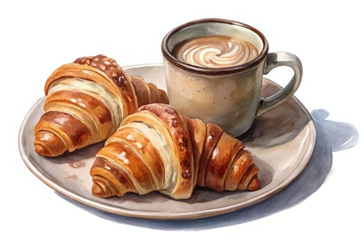 Croissants isolated on plate on pastel colors wooden background with hot coffee drink.Cup of coffee and croissants on background.Freshly baked croissants and cup of coffee.French breakfast.Breakfast concept.