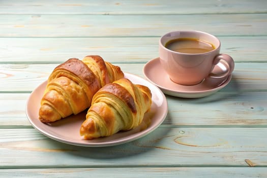 Croissants isolated on plate on pastel colors wooden background with hot coffee drink.Cup of coffee and croissants on background.Freshly baked croissants and cup of coffee.French breakfast.Breakfast concept.