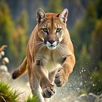 Panther in the forest. Wildlife scene from nature. Big cat.A cougar on the run. Wild animal concept.