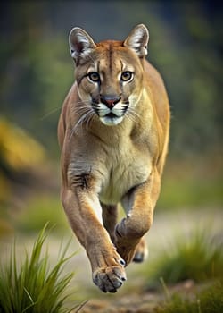 Panther in the forest. Wildlife scene from nature. Big cat.A cougar on the run. Wild animal concept.