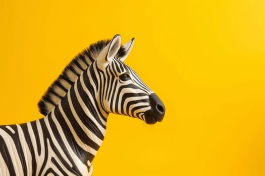 Close-up of a zebra against a vivid yellow backdrop.