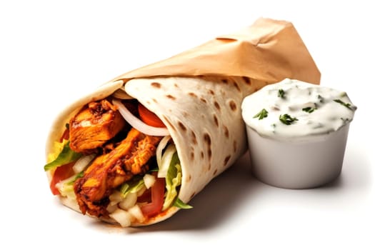 Chicken shawarma wrap with fresh vegetables and garlic sauce on a white background. Fast food and Middle Eastern cuisine concept for design and print