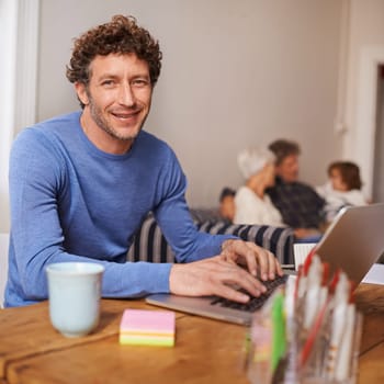 Remote work, laptop and portrait of man with family for online report, research and internet for freelance job. House, working from home and person on computer for website, writing email or planning.