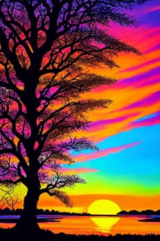 Silhouetted Silhouettes. Alone tree against the vibrant sunset sky, emphasizing its intricate branches and leaves in shadowy contrast against the colorful backdrop.