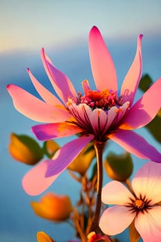 Floral Fantasy. Intricate details of a blooming flower as it catches the last rays of the setting sun, highlighting its delicate petals and vibrant colors in a dreamy, ethereal light.