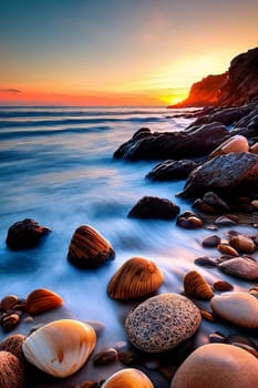 Coastal Charm. Rugged beauty of a coastline at sunset, capturing the intricate patterns of rocks and shells washed by the gentle waves under the warm, golden light.