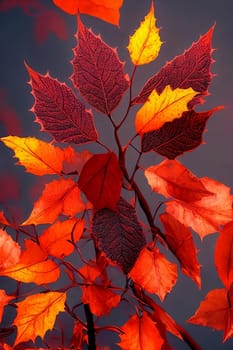 Autumn Elegance. Rich colors and textures of fall foliage at sunset, capturing the intricate details of individual leaves as they glow in the fading light of the day.