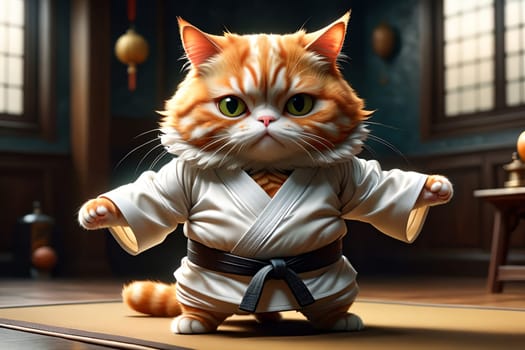 A fat cat in a T-shirt is doing sports in the gym .AI generated image.