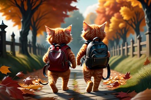 Cute cats students go to school with backpacks, autumn. AI generated image.