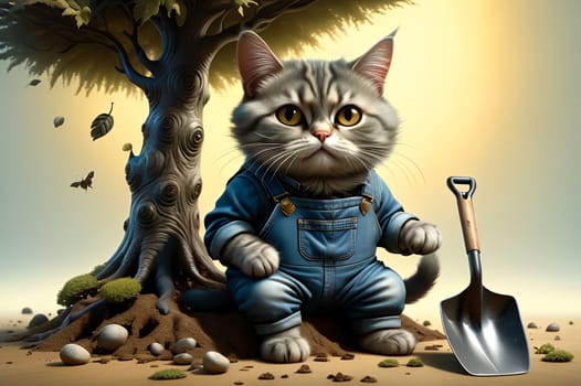 A plump cat gardener with a shovel and a tree. AI generated image.