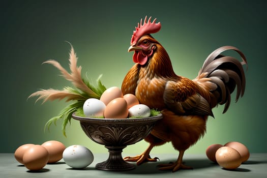 Homemade chicken with eggs. AI generated image.